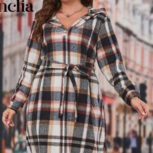 Plus Plaid Print Belted Dress with Hood